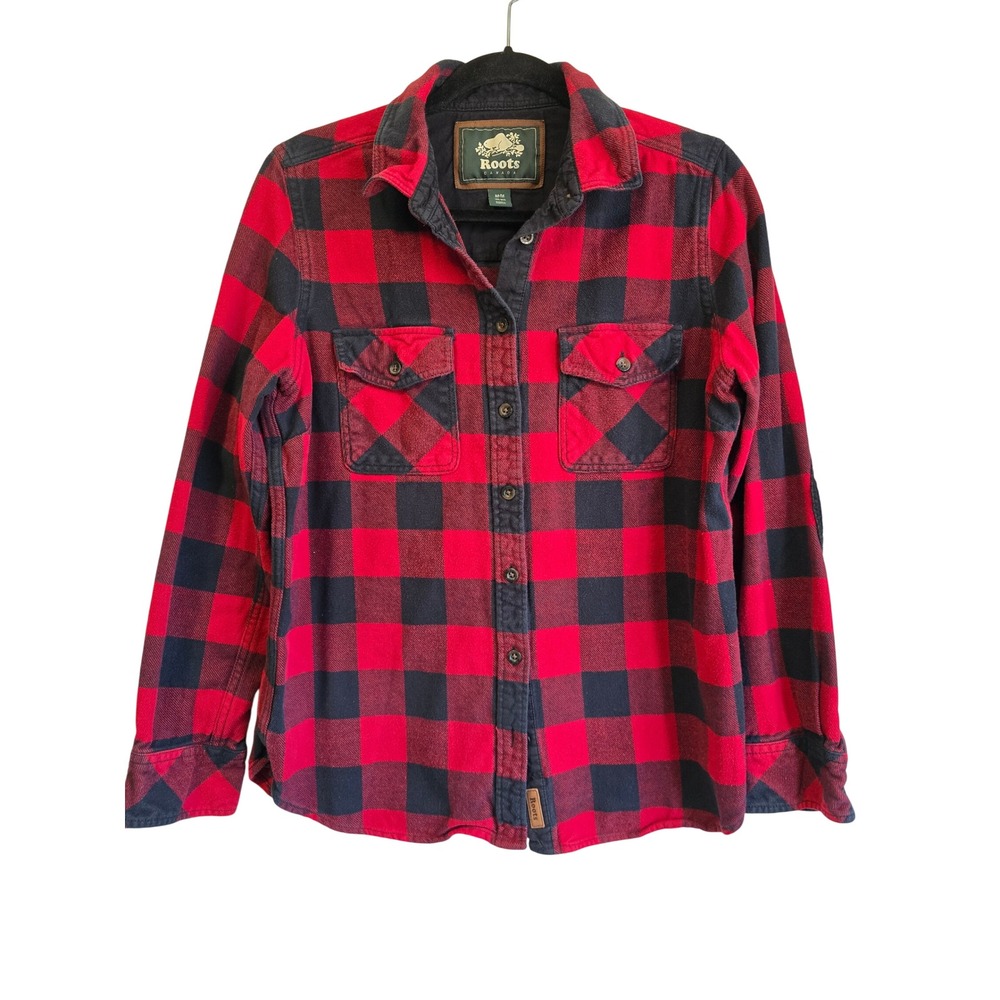 Roots Canada Red Black Buffalo Plaid Flannel Shirt Elbow Patches Mens Medium